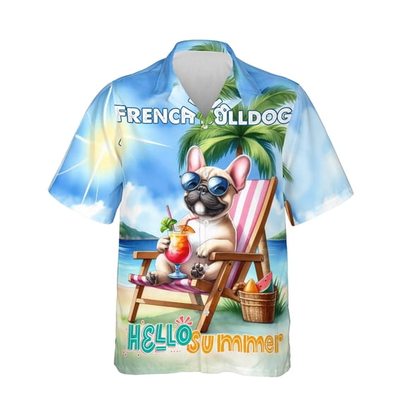 French Bulldog Hello Summer Beach Theme with Sunglasses and Tropical Cocktail Hawaiian Shirt Breathable Summer Unisex Merch Dog Lover Gifts - 00009