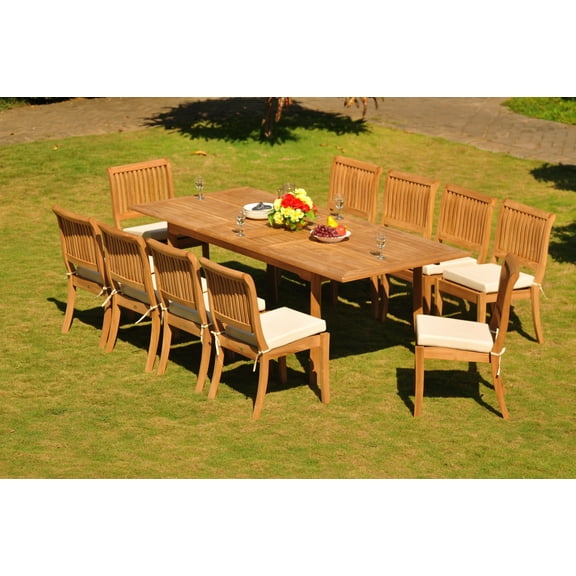 Teak Dining Set: 10 Seater 11 Pc: 94" Rectangle Table & 10 Stacking Arbor Armless Chairs Outdoor Patio Grade-A Teak Wood WholesaleTeak #WMDSAB14