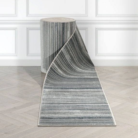 Well Woven Custom Size Runner - Choose Your Length - Ginelle Grey Blue Abstract Geometric Stripes 31 Inches Wide x 10 Feet Long Runner (31" x 10' Runner) Rug