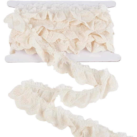5 Yards Cotton Ruffled Eyelet Lace Trim 1-3/4 Inch Wide Beige Pleated Chiffon Wavy Edge Floral Embroidery Laces Trim Ribbon