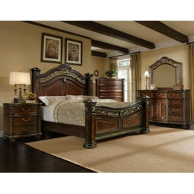 Mcferran B163 Ek Antique Brass Cherry Wood Finish King Bedroom Set 4pcs