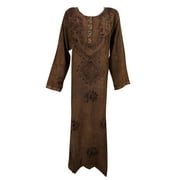 Mogul Womens Maxi Dress Brown Full Sleeves Stonewashed Tunic Evening Dresses