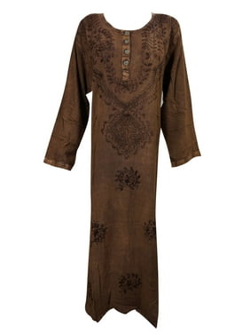 Mogul Womens Maxi Dress Brown Full Sleeves Stonewashed Tunic Evening Dresses