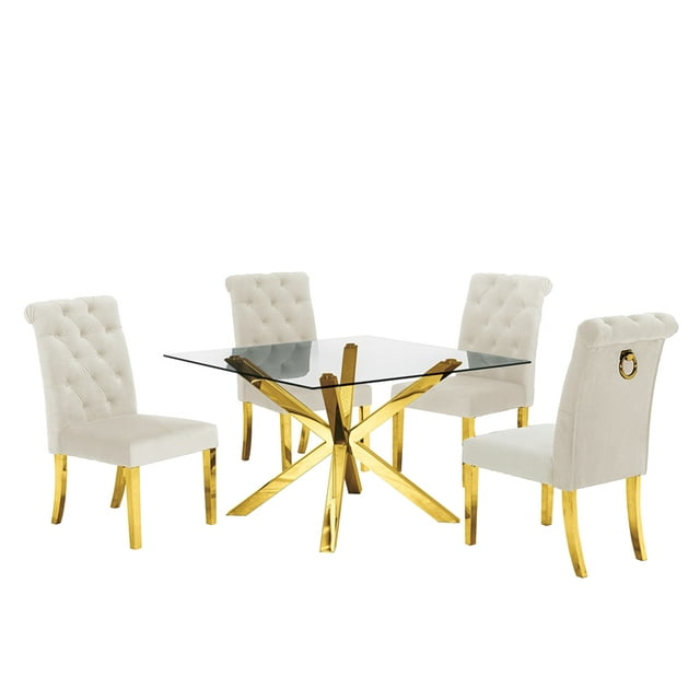 Square 47" x 47" Clear Glass 5pc Dining Set with Gold Stainless Steel