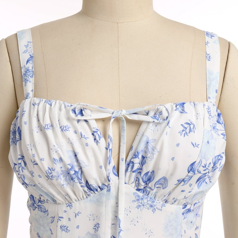 Ibtom Castle Women Floral Corset Dress Sleeveless Square Neck Spaghetti Straps Dress Boho Holiday Flowy Midi Bustier Sundress XS White + Blue Floral,