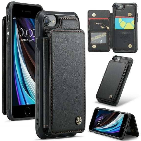 Mantto Case for iPhone SE 2022/iPhone SE 2020/iPhone 8/iPhone 7 with Card Holder, Retro PU Leather RFID Blocking Credit Card Slots Double Magnetic Clasp Flip Kickstand Shockproof Phone Cover,Black