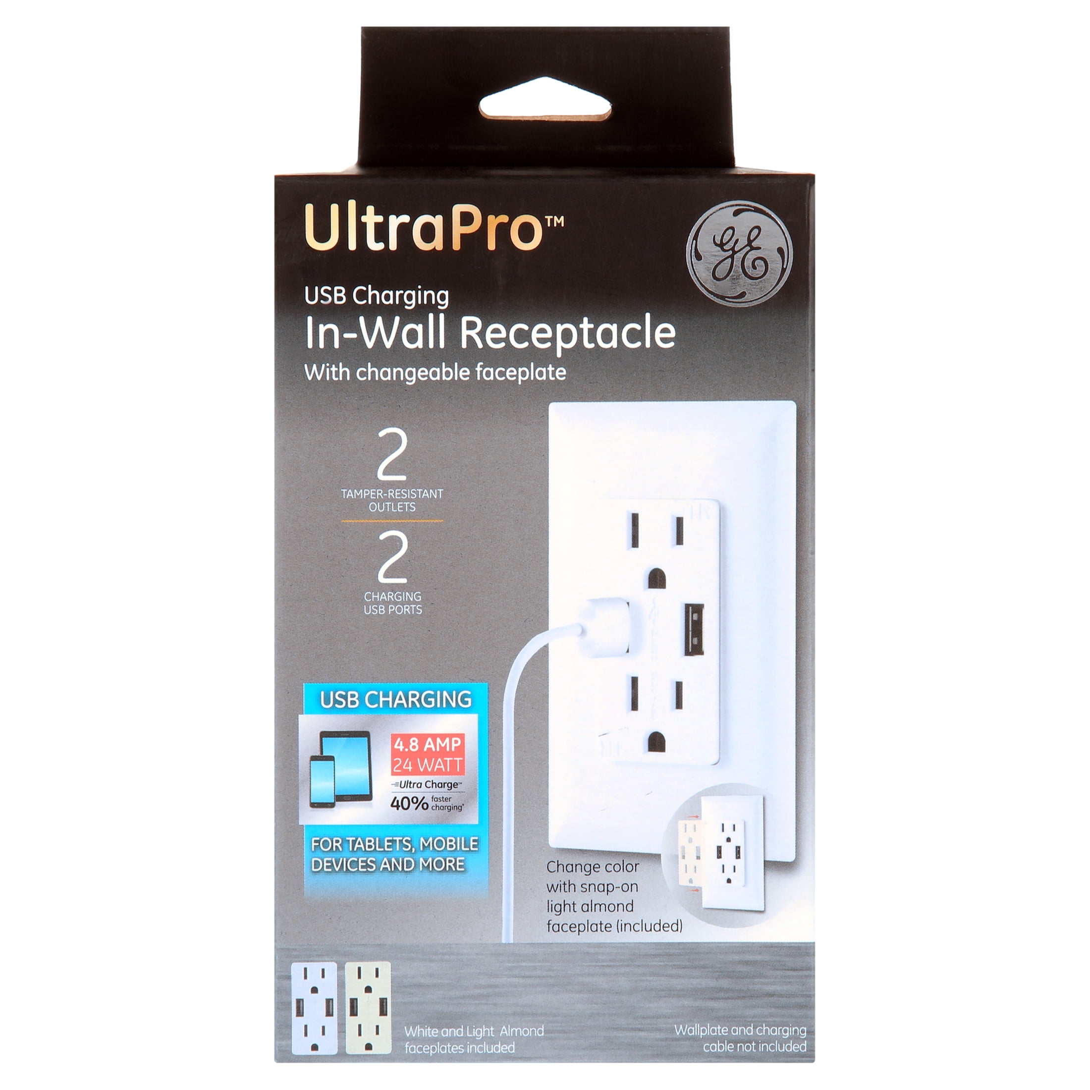 (2 pack) GE UltraPro 2-Outlet, 2-USB in-Wall Receptacle, White/Light Almond, 15A - 40405