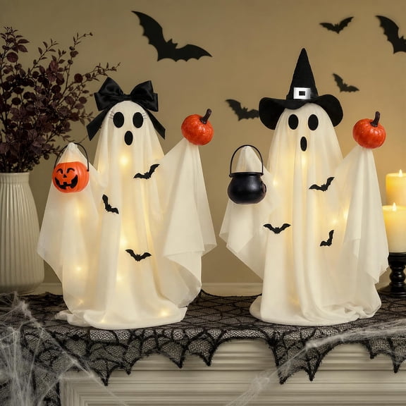 Light Up Adjustable Size Halloween Ghost Decor, Set of 2 DIY Spooky Halloween Decorations for Indoor Home Mantel Shelf & Tabletop Decor Black & White