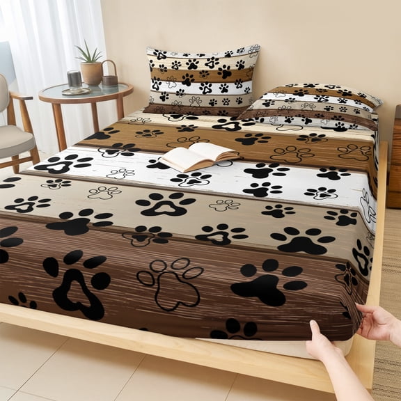 Twin XL Size Fitted Sheet Set - Brown Beige Farmhouse 2 Piece Bedding Sets 16" Deep Pocket Fitted Sheet with 1 Pillowcases, Black Dog Paw Vintage Wooden Brushed Microfiber Hotel Luxury Bed Sheets