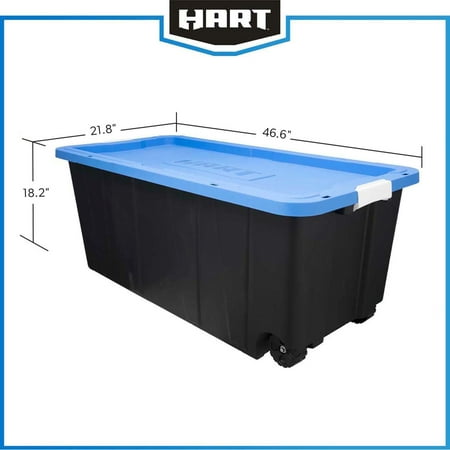 HART 50 Gallon Wheeled Plastic Storage Bin Container, Black with Blue Lid