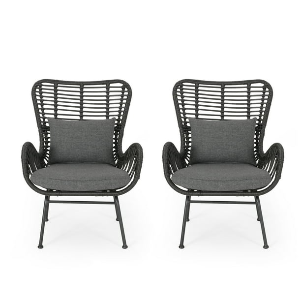 Noble House Marquwz Indoor Wicker Club Chairs with Cushions, Set of 2