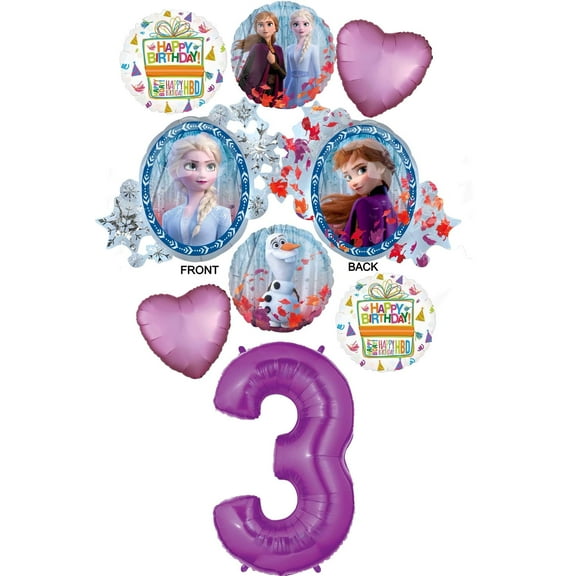 Frozen 2 Party Supplies 3rd Birthday Elsa, Anna and Olaf Balloon Bouquet Decorations - Purple Number 3