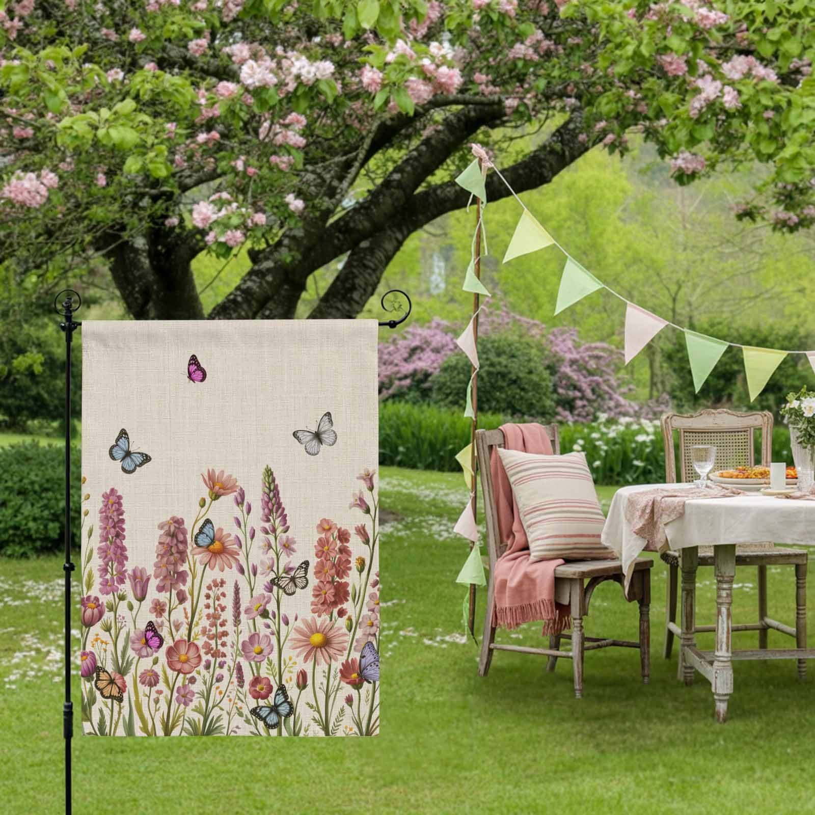 Beige Floral House Flag 28 x 40 Inches, Spring Lavender Wildflowers Blue Butterfly Botanical Linen Texture Weather Proof Outdoor Patio Flags Double Sided Small House Decor for Yard Lawn Outside Home