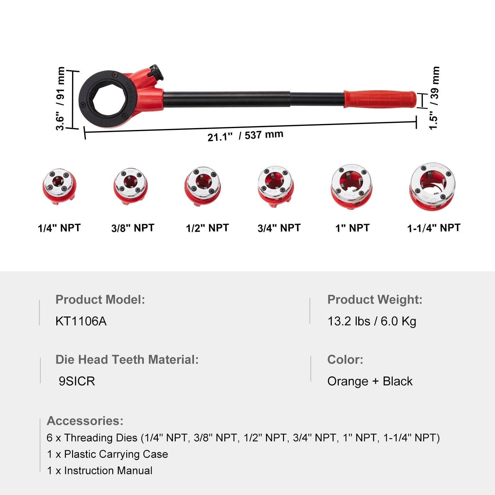 SKYSHALO Ratchet Pipe Threader Kit, 1/4" NPT - 1-1/4" NPT Manual Ratcheting Pipe Threader, Portable Pipe Threading Tool Set with 6PCS NPT Dies, Storage Case for Galvanized Aluminum Iron Copper Pipes
