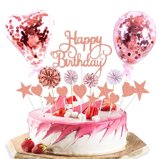 Adorno para tarta de cumpleaños Daimay Black, acrílico con purpurina, decoración para tarta de feliz cumpleaños con confeti, globos, abanicos de papel, estrellas, fuegos artificiales, cupcakes.
