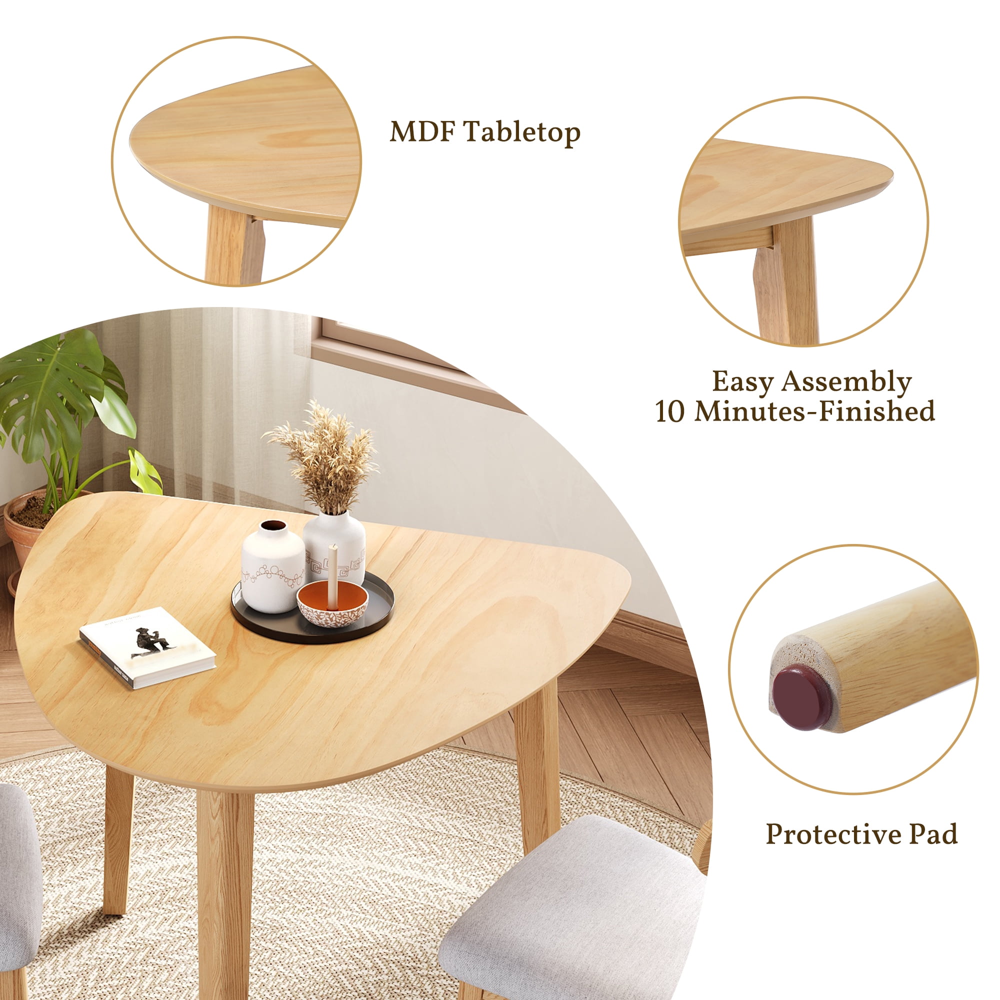GARITIN 3-Piece Modern Table Set, Triangular Side Table & 2 Curved Wood Chairs, Minimalist Space-Saving Dining Set for Living Room Kitchen Small Space, Natural