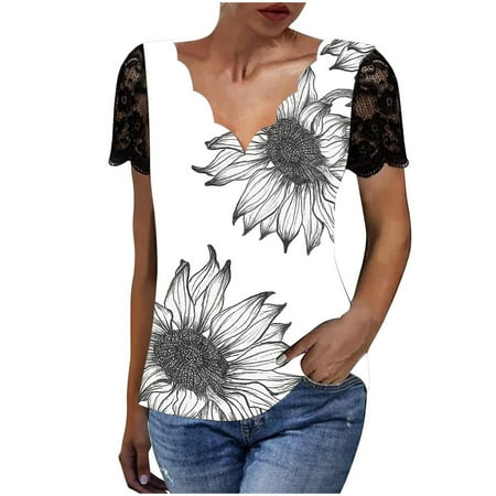 

Women s Lace Short Sleeve V Neck Shirts Loose T Shirt Casual Summer Blouses