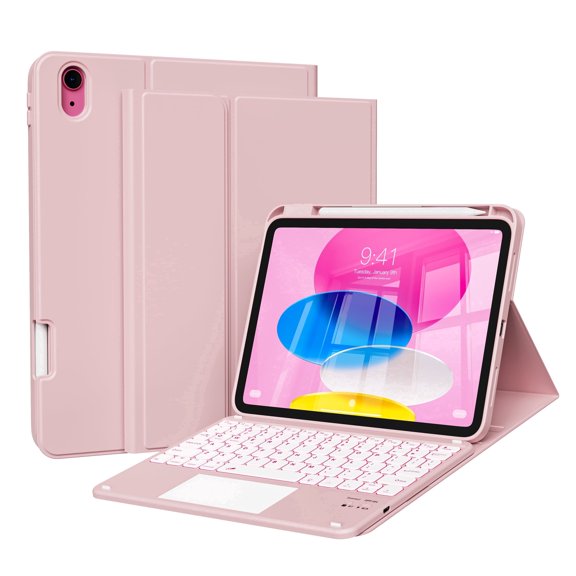 Aoub for iPad A16 11th 10th Generation Case with Keyboard 7 Color Backlight Detachable Keyboard Case Cover with Touchpad for iPad 11th Gen 11 inch 2025 & 10th Gen 10.9 inch, Pink
