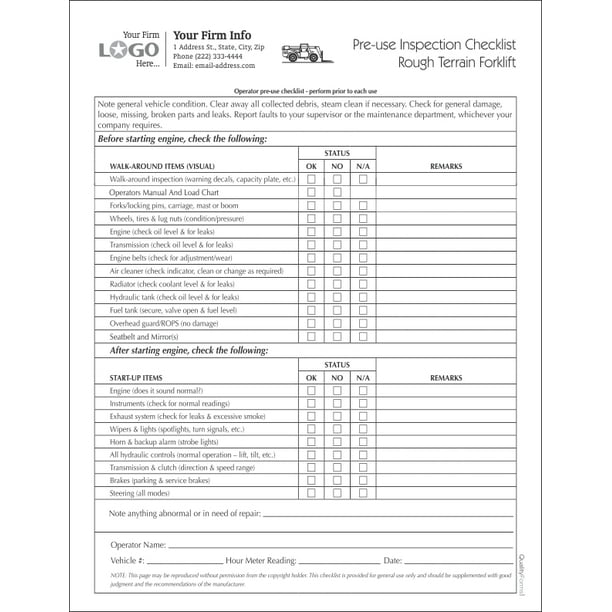 Forklift saftey Inspection Checklist Form
