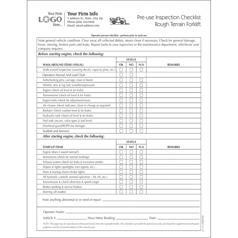 Forklift saftey Inspection Checklist Form