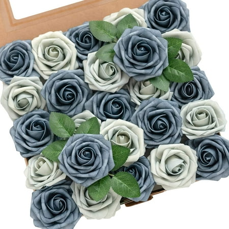 Roses Artificial Flowers 25pcs Realistic Dusty Blue Fake Roses w/Stem ...