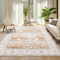 Garvee 10'x13' Modern Floral Area Rug Oriental Indoor Carpet with Non Slip Backing, Washable Rug Distressed Foldable Floor Mats for Living Room Bedroom Dining Room, Light Brown