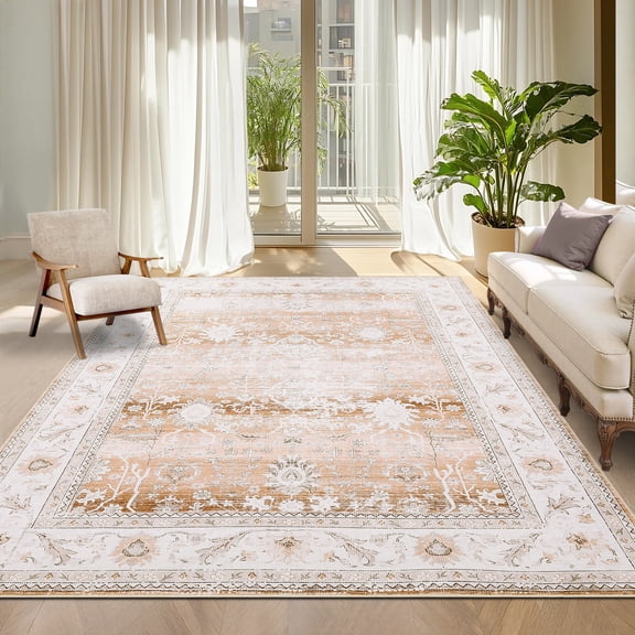 Garvee 10'x13' Modern Floral Area Rug Oriental Indoor Carpet with Non Slip Backing, Washable Rug Distressed Foldable Floor Mats for Living Room Bedroom Dining Room, Light Brown