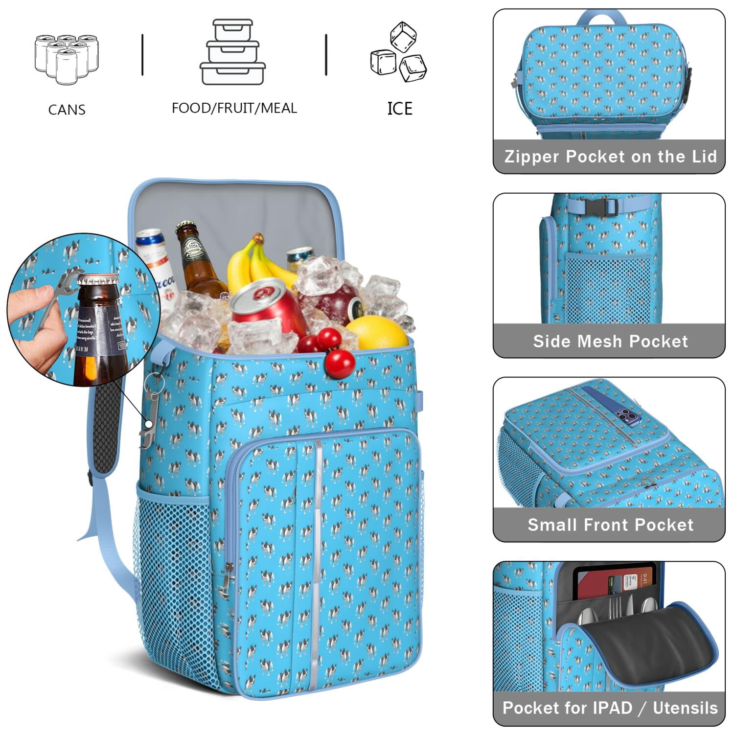 Travel Cooler Bag - French Bulldog Camping Beer Cooler Backpack with Bottle Opener- Waterproof Insulated Picnic Backpacks - Cooler Bag for Beach