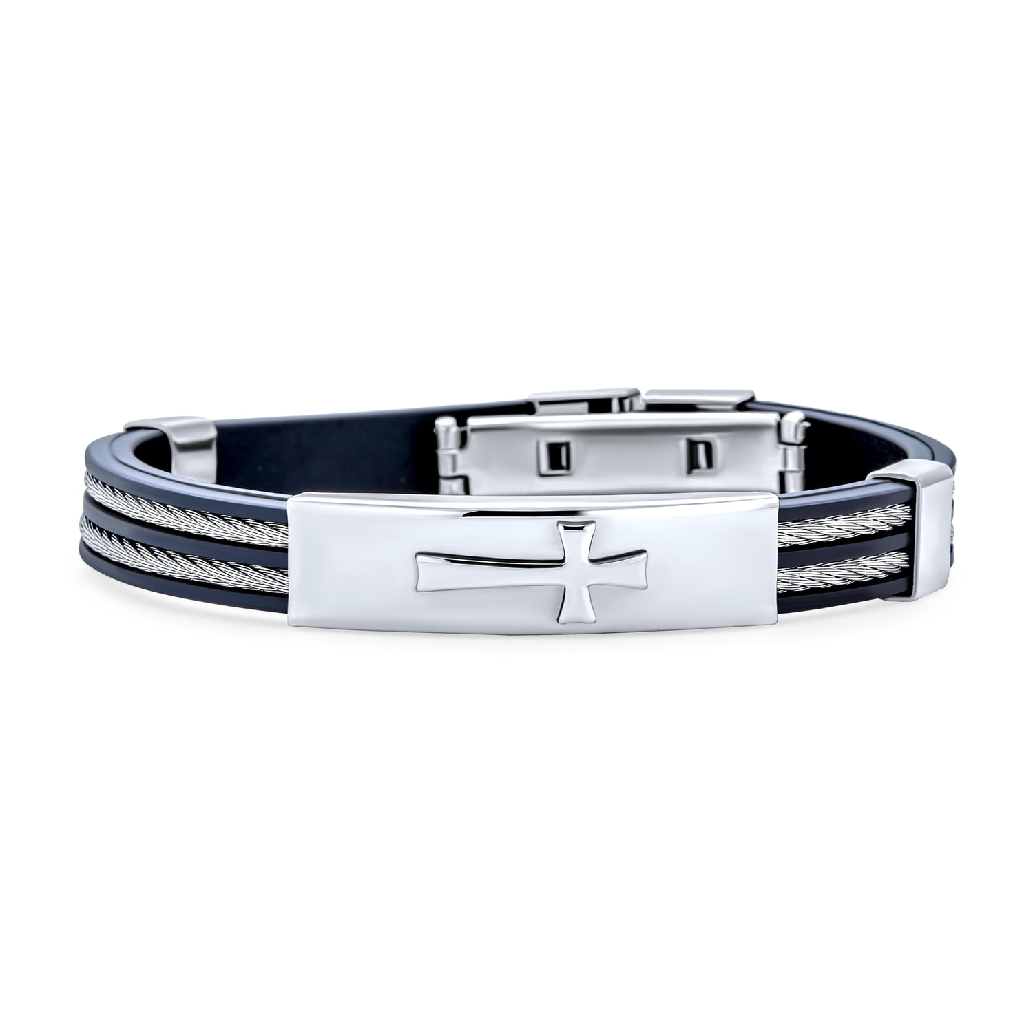Mens Stainless Steel and Rubber Sideways Cross ID Bracelet 8in