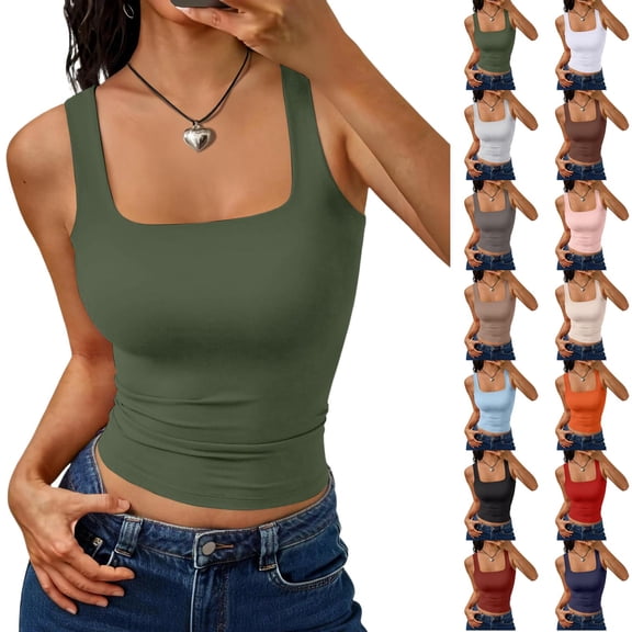 IYYVV 3 Pack Womens Wide Strap Sleeveless Double Lined Square Neck Tank Tops for Summer Going Out Light Gray L