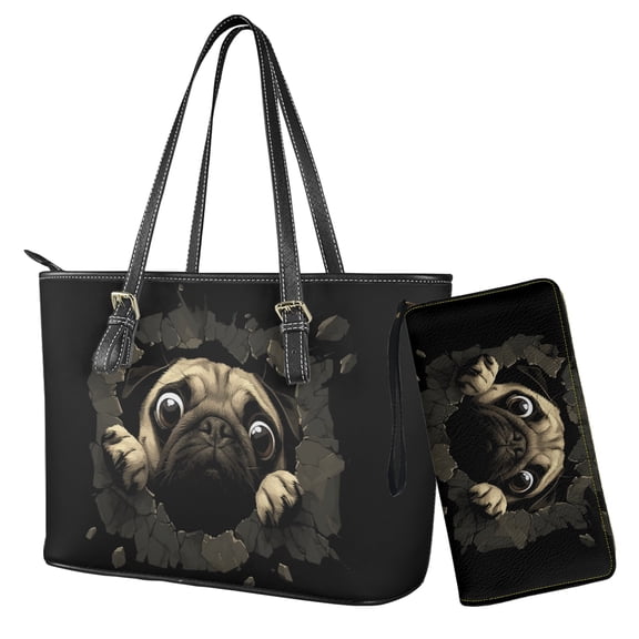 LedBack Pug Dog Print Handbag and Wallet Set Women Tote Bag Handbags PU Leather Hobo Shoulder Bags 2 Pcs with Coin Purses Waterproof Top Handle Handbag Set, Black