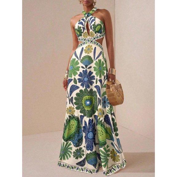 Green Floral Print Halter Neck Maxi Dress With Cut-Out Waist And Tiered Skirt For Vacation Party