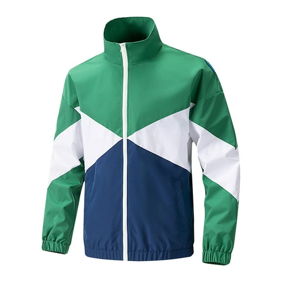 Windbreaker Jackets for Men Big And Tall Color Block Stand Collar Coats with Pockets Full Zip Long Sleeve Outerwear (Green M)
