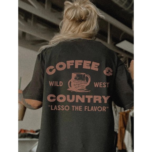 Coffee and Country Tee UNISEX Trendy Western Graphic Oversize T Wild West USA Cowgirl Coffee Lover Gifts Boho Hippie Clothes