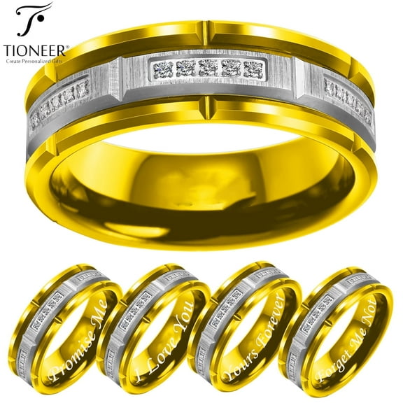 Tioneer Gold-Silver Tungsten Carbide 8mm Brick Design w/ White Cubic Zirconia Wedding Band Ring Mens Womens 8MM w/ FREE Engraving