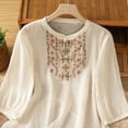 thumbnail image 4 of BODOAO Women Linen Embroidered Top Vacation Shirts Quick Dry Flowy Shirts Peasant Blouses Loungewear Summer Half Sleeve Soft Breathable Boho Tops Mexican Tunic Tops Fashion Outfits Beige 2Xl, 4 of 7