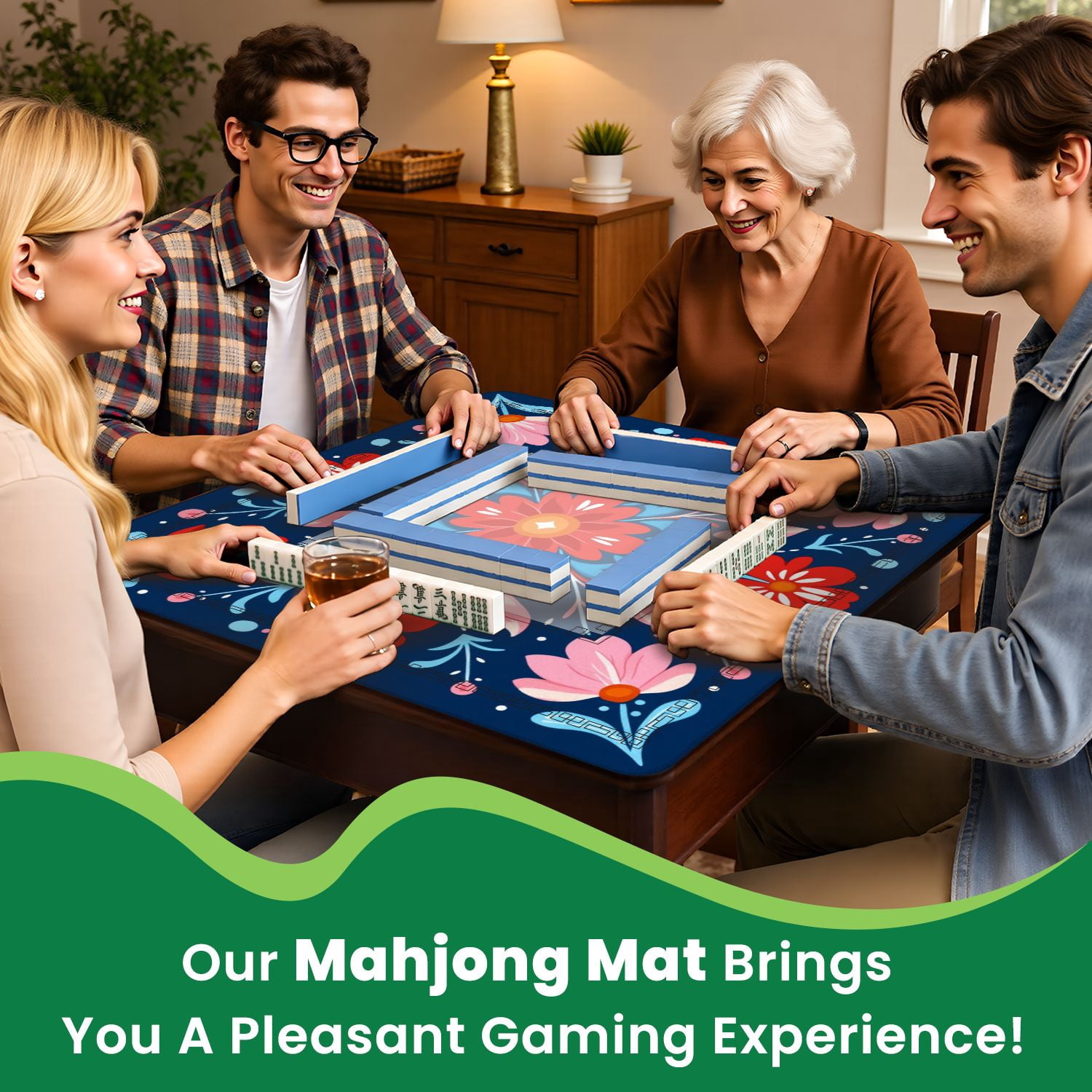 Mahjong Mat 31.5" x 31.5" Colorful Floral Red Pink Flowers Dark Blue Non-Slip Noise Reduction American Mahjong Tiles Table Cover for Dominoes Poker Card Board Games Gift