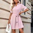 thumbnail image 4 of Vestido de mujer con cuello en V, cuello vuelto, media manga, lazo en la cintura, Color puro, vestido informal para mujer con bolsillo para primavera y verano, 4 of 8