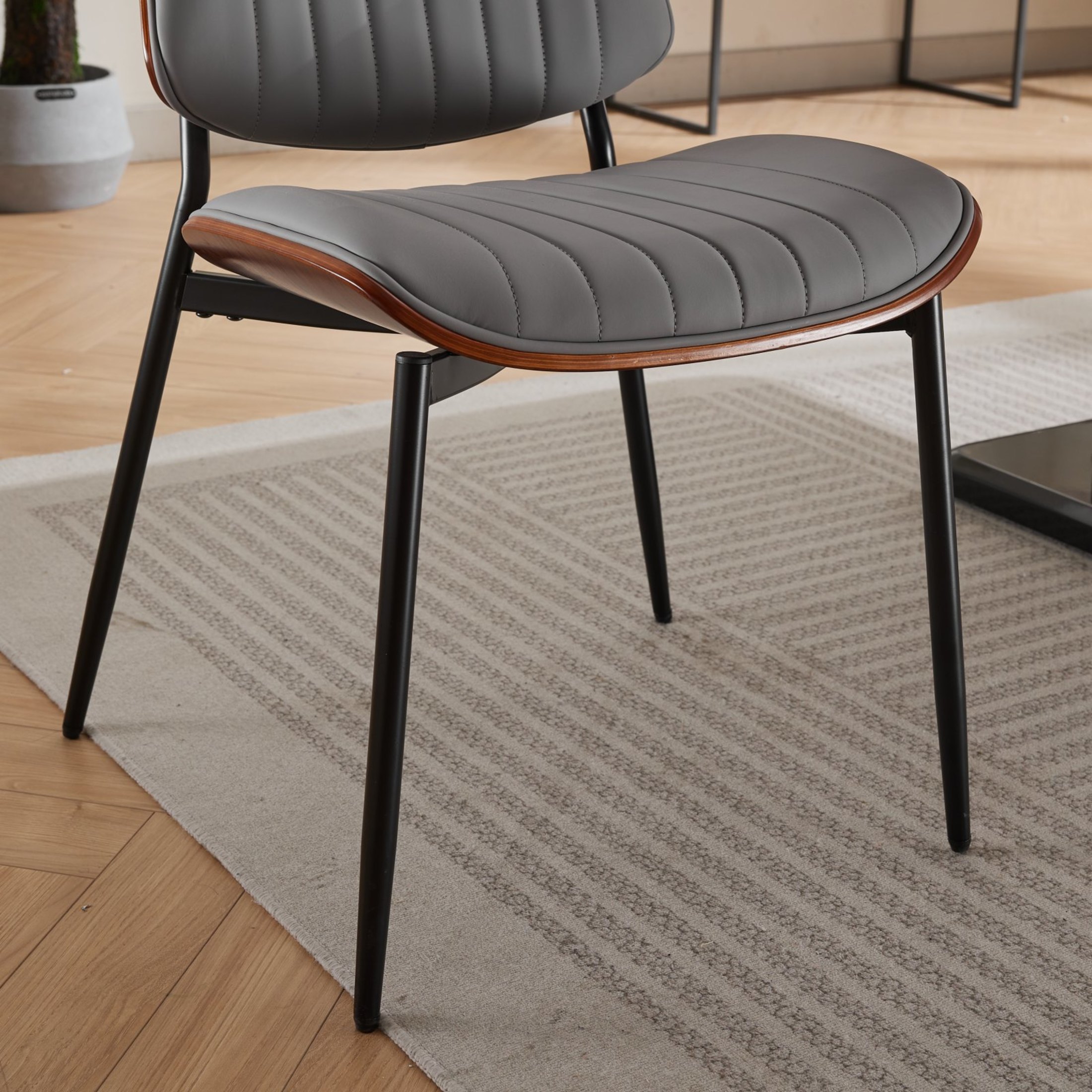 Mid-Century Upholstered PU Dining Chairs with Walnut Bentwood Back and Metal Tapered Legs, Gray, Set of 2