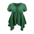 thumbnail image 4 of GRACE & GRANDEUR Women's Plus Size Mother's Day St. Patrick's Day Tops Texture Button Decor V Neck Short Sleeve Asymmetrical Hem Pintuck Casual Babydoll Blouse 2X Dark Green, 4 of 5