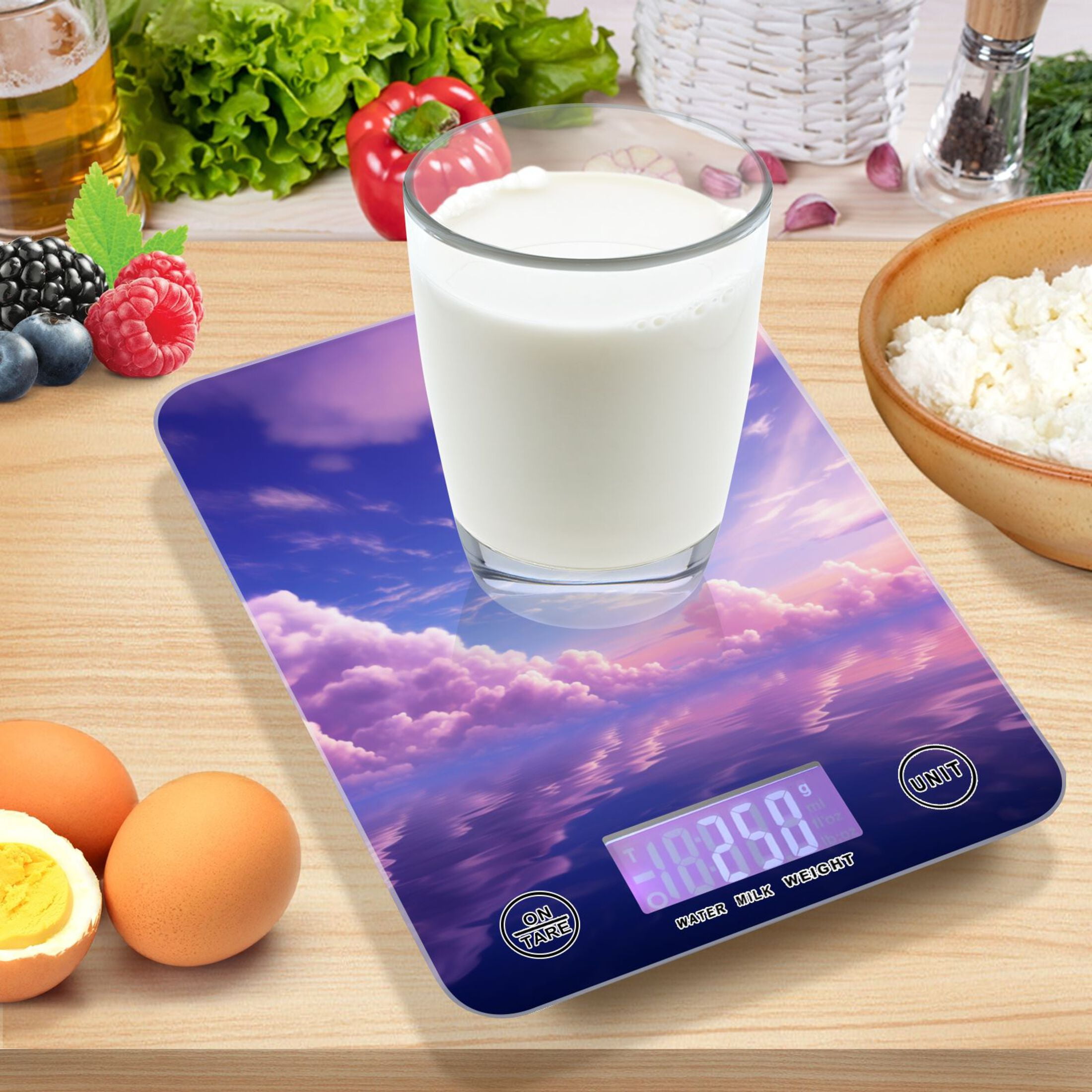 Purple Starry Sky Food Scale Digital Kitchen Scale Waterproof Tempered Glass Tare Function 11 lb for Baking Cooking Meal Prep