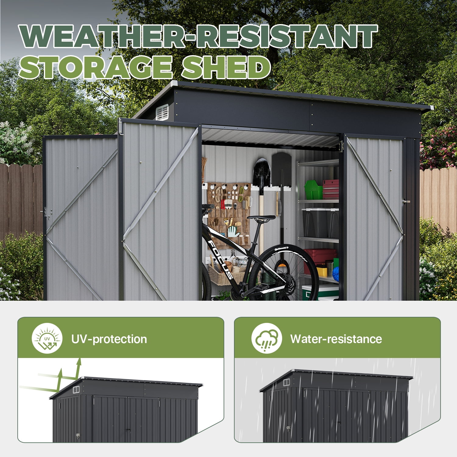 BaPiPro 8'x4' Lean-to Metal Storage Shed with Floor, Outdoor Lockable Shed with Triple Doors & Vents for Garden, Backyard, Patio - Black