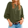 thumbnail image 2 of Women's Henley Neck Sweater Button Front Long Sleeve Loose Knit Pullover (Army Green, L), 2 of 5