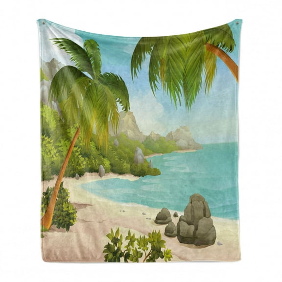 Tropical Soft Flannel Fleece Throw Blanket, Exotic Beach with Coconut Palm Trees and Rocks Journey Oceanic Coastal Design, Cozy Plush for Indoor and Outdoor Use, 70" x 90", Aqua Green, by Ambesonne
