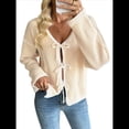 thumbnail image 1 of Suéter Tipo Cárdigan con Lazo para Mujer, Larga, Ribete en Contraste, Tejido Holgado, Cuello en V, Otoño e Invierno. Caqui M, 1 of 10