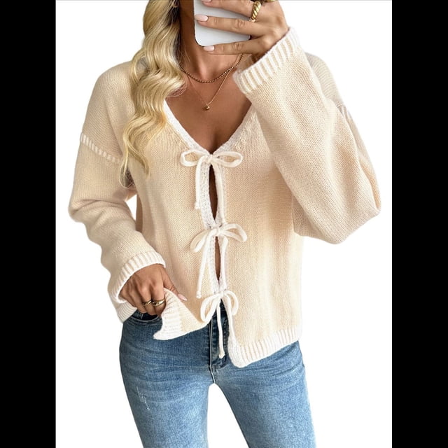 Suéter Tipo Cárdigan con Lazo para Mujer, Larga, Ribete en Contraste, Tejido Holgado, Cuello en V, Otoño e Invierno. Caqui M