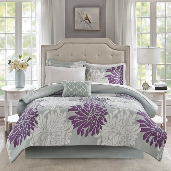 Madison Park Twin Size 7 Piece Comforter Set with Cotton Bed Sheets Purple,Bed in a Bag,All Season Bed Set,Cozy and Lightweight