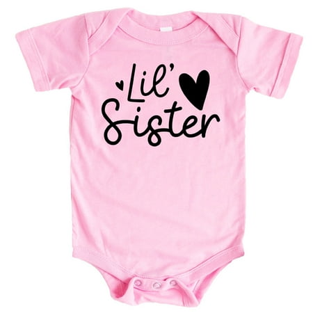 

Olive Loves Apple Lil Sister Heart Bodysuit for Baby Girls Sister Sibling Outfits Black on Pink Bodysuit Newborn