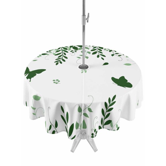 Outdoor Tablecloth with Umbrella Hole for Patio/Picnic/Party/Camping, Green Spring Botanical Waterproof Table Cloth Round Cover Washable, Weeping Eucalyptus Butterfly (Dia 54")