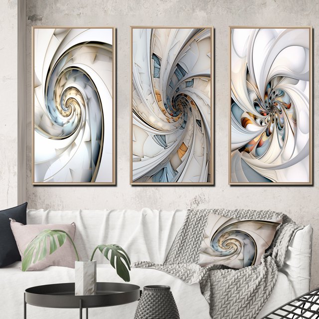 Designart "Abundance in Light Blue Spiral IV" Fractals Framed Wall Art Set Of 3 - Blue Transitional Frame Gallery Set For Office Decor
